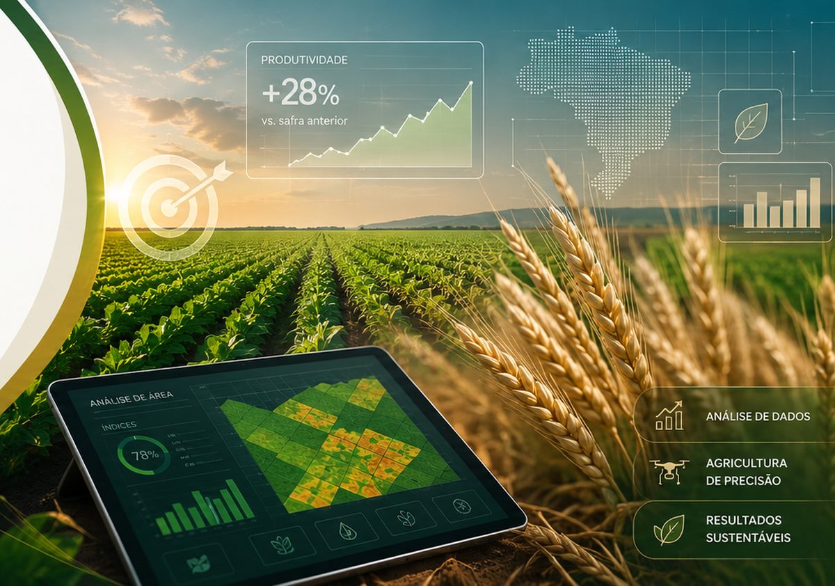 Lavoura ao pôr do sol com indicador de produtividade +28%, tablet exibindo mapa de área da propriedade e espigas de trigo em primeiro plano